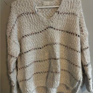 Altar'd State Cozy V-Neck Sweater - Cream with Multi Colored Stripes